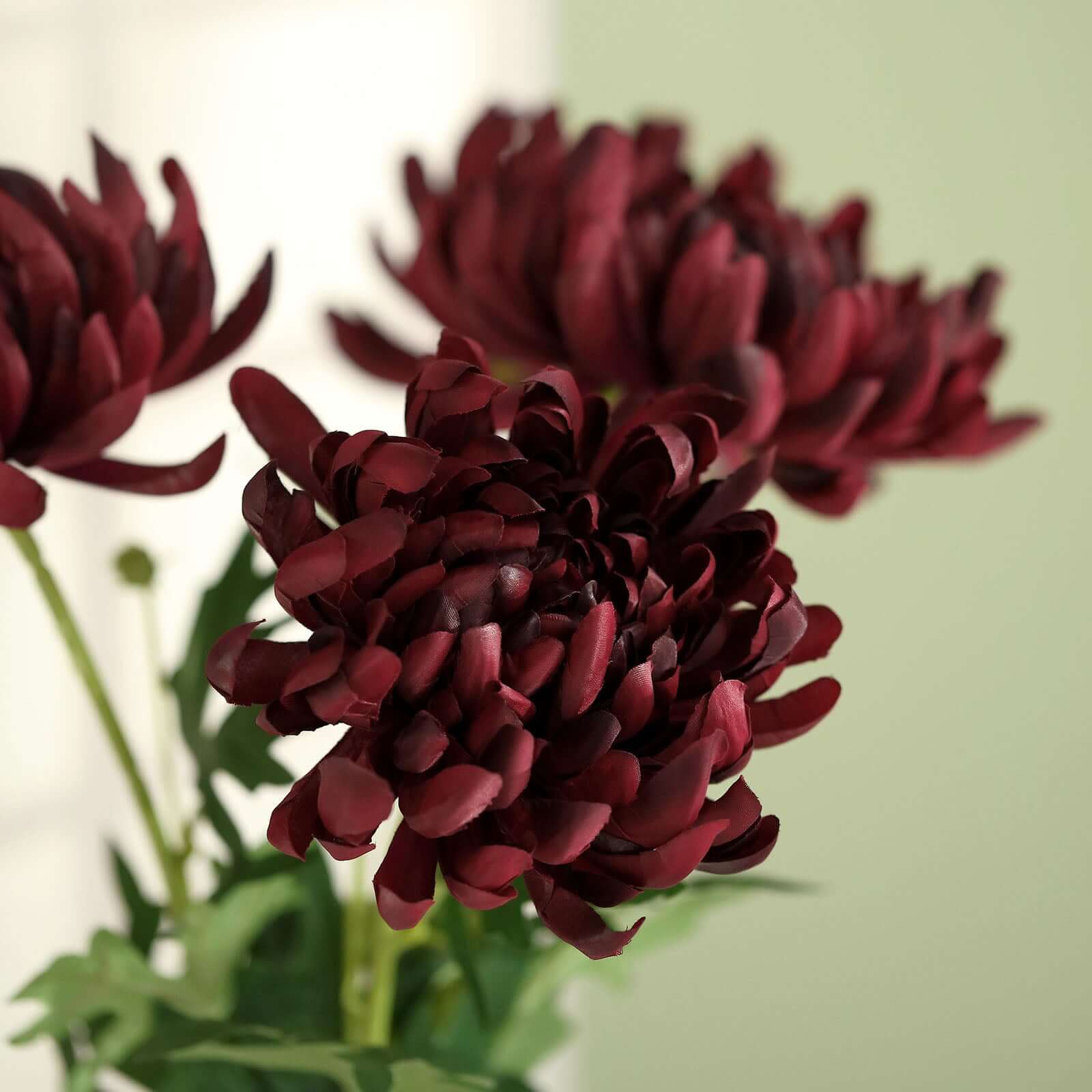 3 Stems Burgundy Artificial Silk Chrysanthemum Bouquet Flowers, Large Faux Mum Branches 27