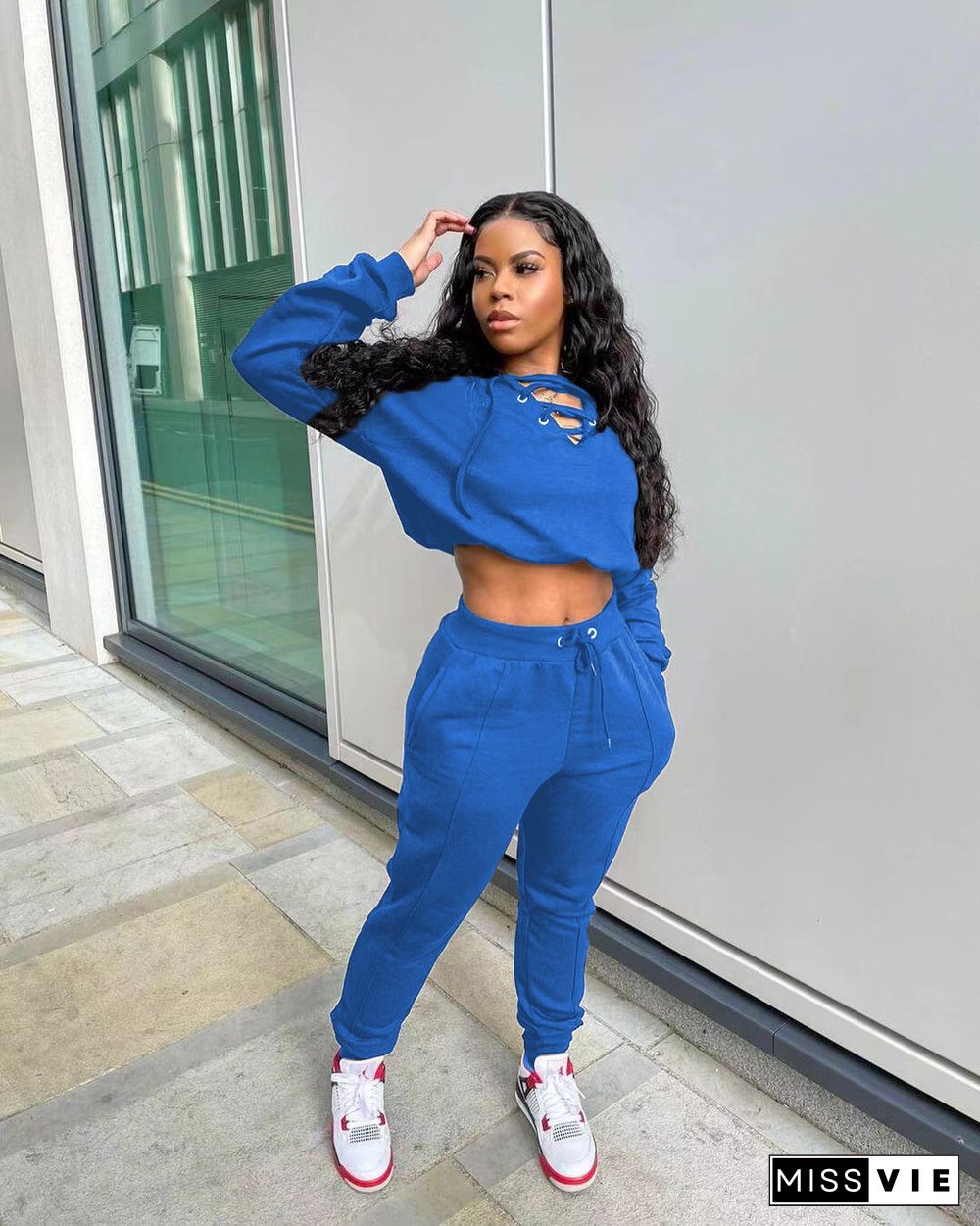 Long Sleeve Bandage Crop Top Sweatpants Set