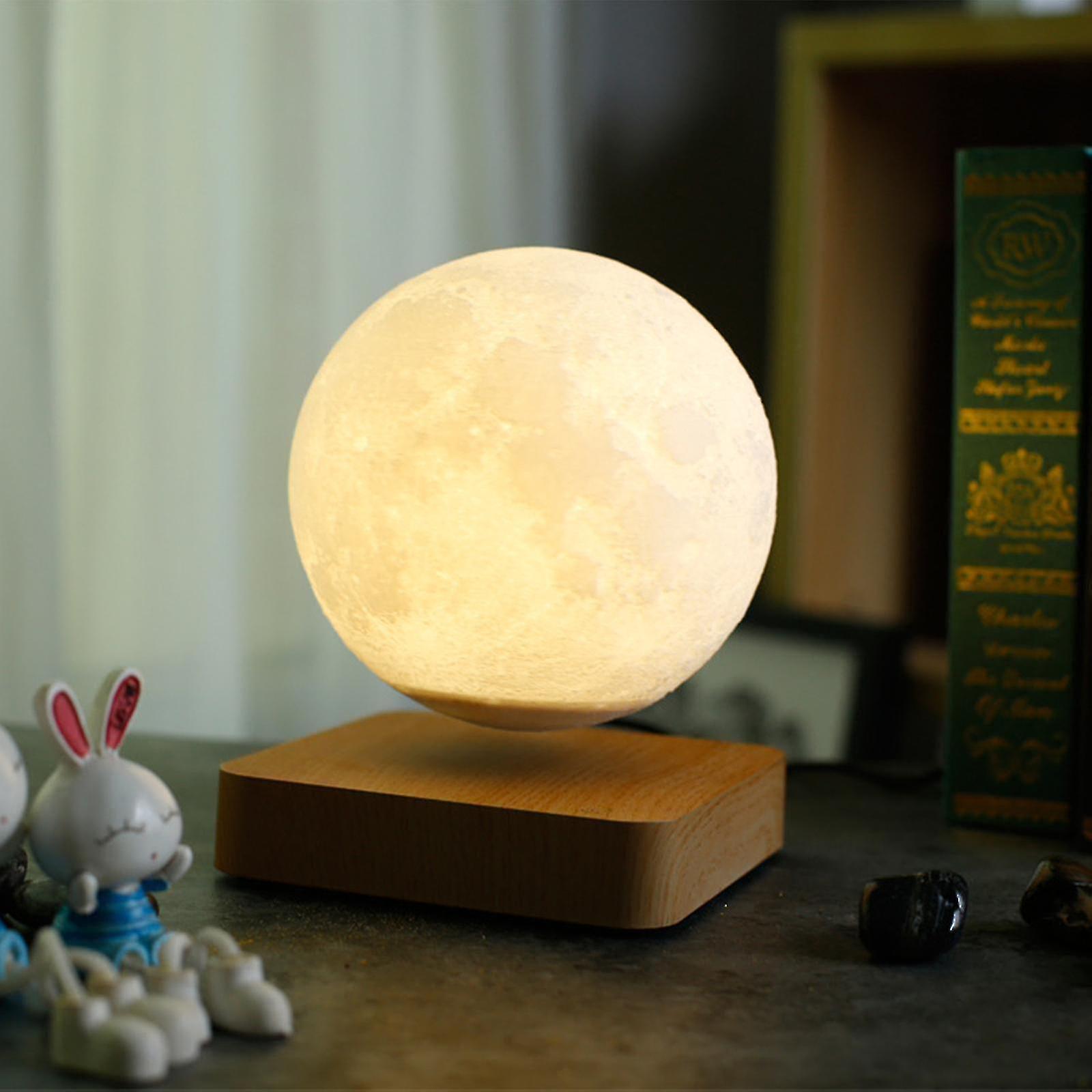 Levitating Moon Lamp Floating And Spinning In Air Freely With Luxury Wooden Base And 3d Printing Led