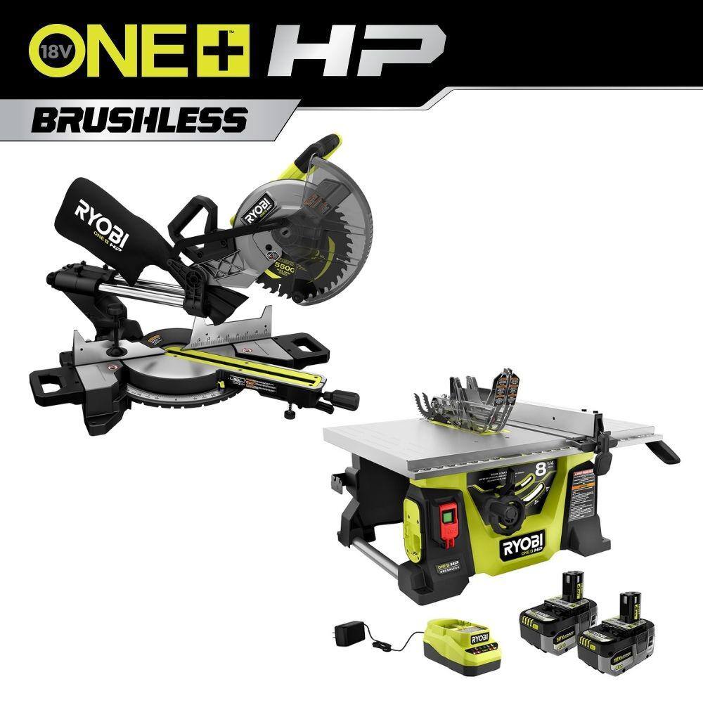 RYOBI ONE+ HP 18V Brushless Cordless 2-Tool Combo Kit with Table Saw Miter Saw (2) 4.0 Ah Batteries and Charger PBLTS01K-PBLMS01B