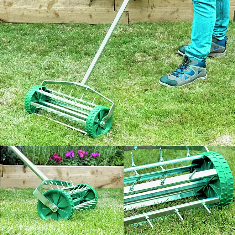 Gardening Tool Rotary Lawn Scarifier Heavy Duty Soil Roller Grass Roller Lawn Aerator Spike with 3 Level Adjustable Handles