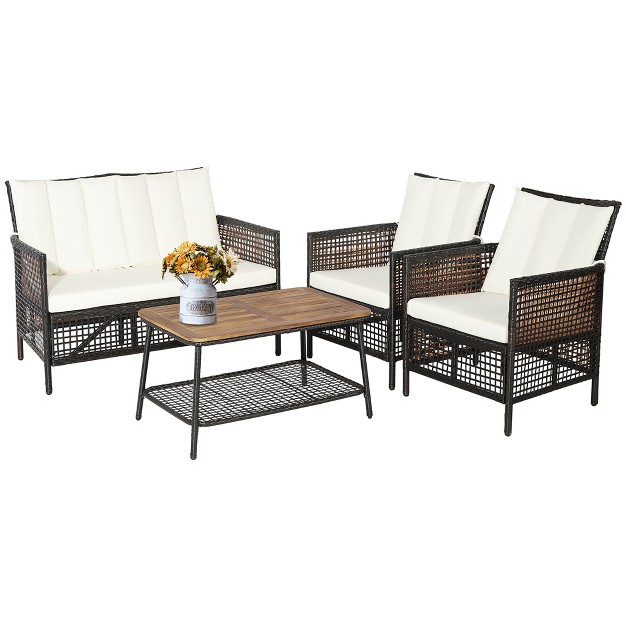 Costway Patiojoy 4pcs Patio Rattan Furniture Set Cushioned Chairs Wood Table Top W shelf