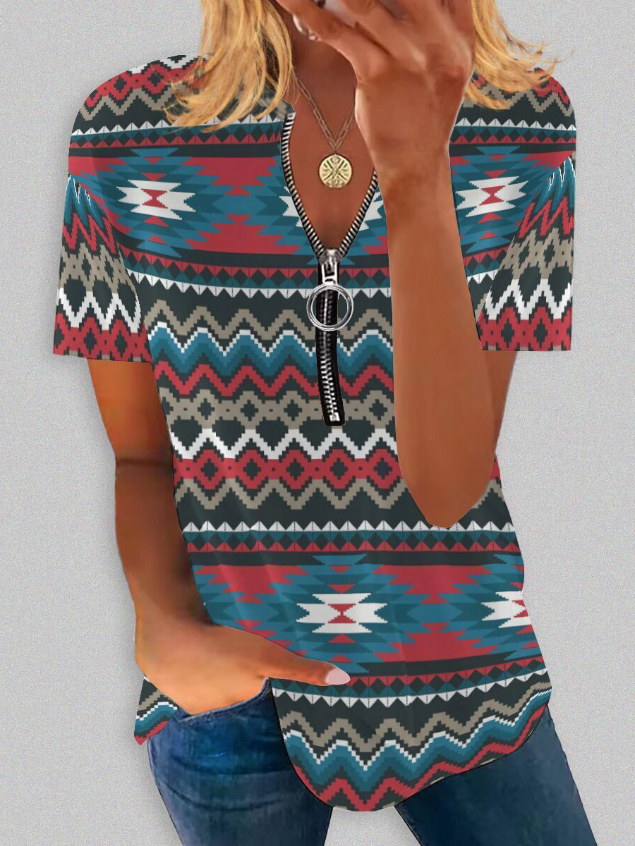 Round Neck Casual Loose Ethnic Geometric Print Short-sleeved T-shirt