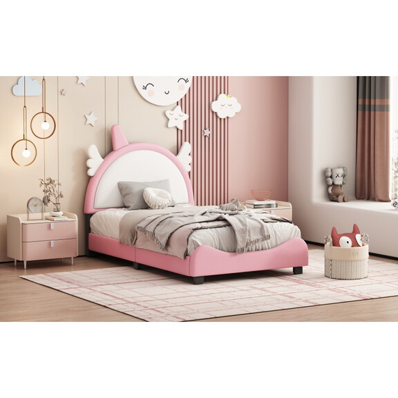 Twin Size Upholstered Platform Bed with Bear shape...