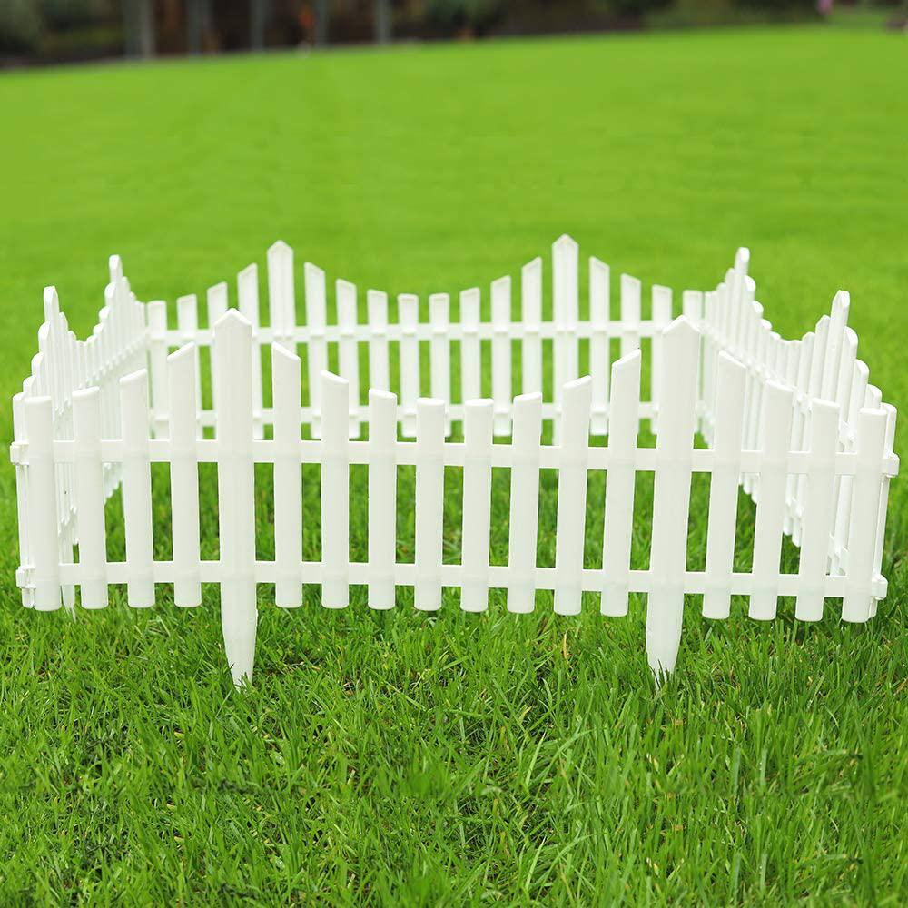 12 in. Decorative White Plastic Picket Garden Fence Border (8-Piece) SKYHD7014