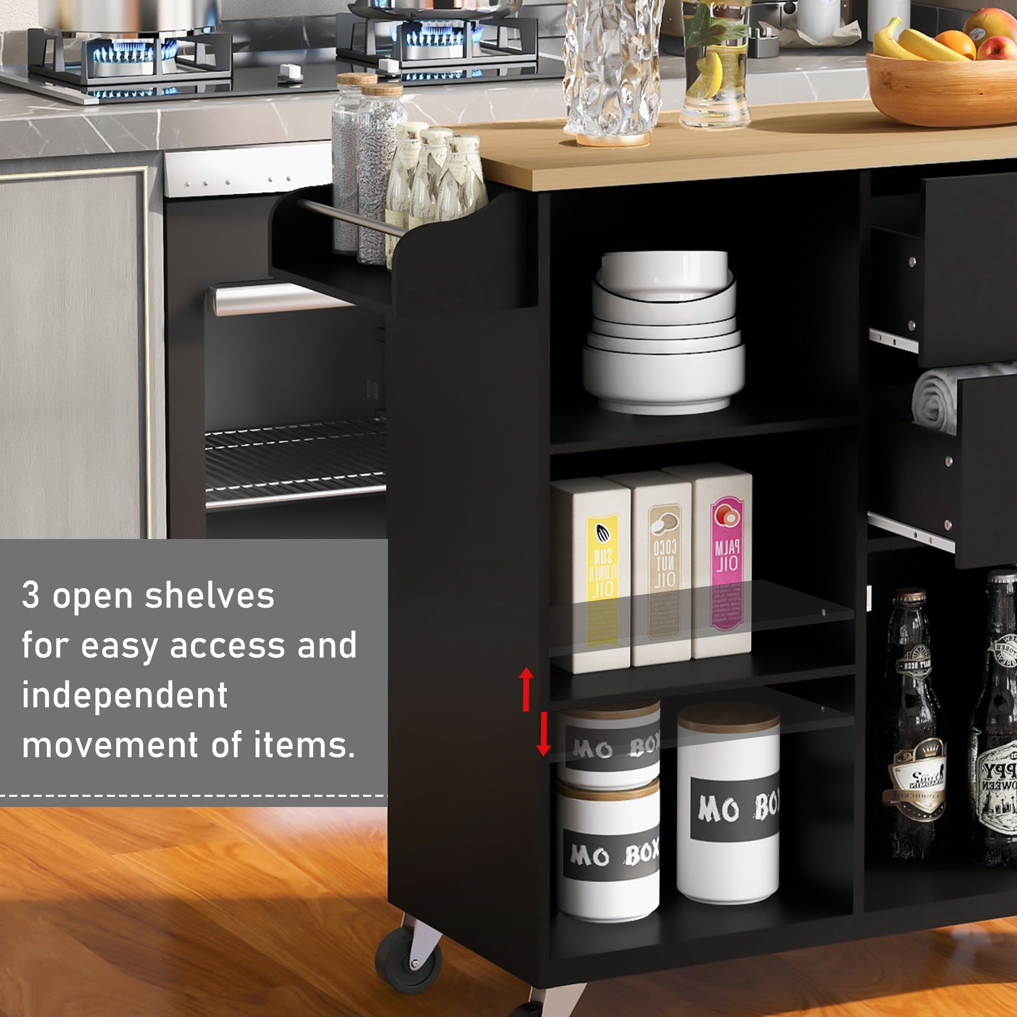 Kitchen Cart with Wheels， HSUNNS Wood Top Kitchen Island Cart with Storage Drawers|Open Shelves|Spice Rack|Towel Rack， Rolling Kitchen Cabinet Trolley Cart， Black