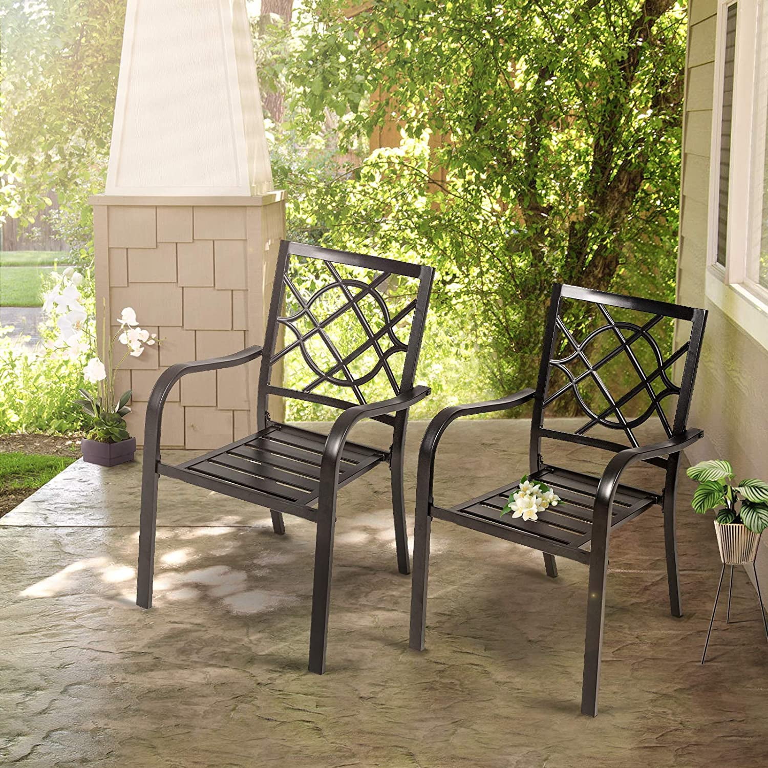 SUNCROWN Patio Dining Chair Outdoor Metal Stackable Chairs Set of 2, Black