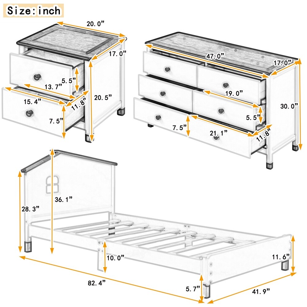 Twin Size Platform Bed with Nightstand and Storage Dresser