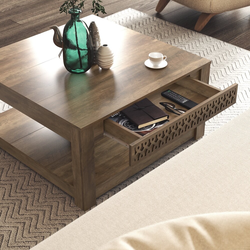 GALANO Japtur 31.5 in. Wood Top Square Laser Cut Coffee Table