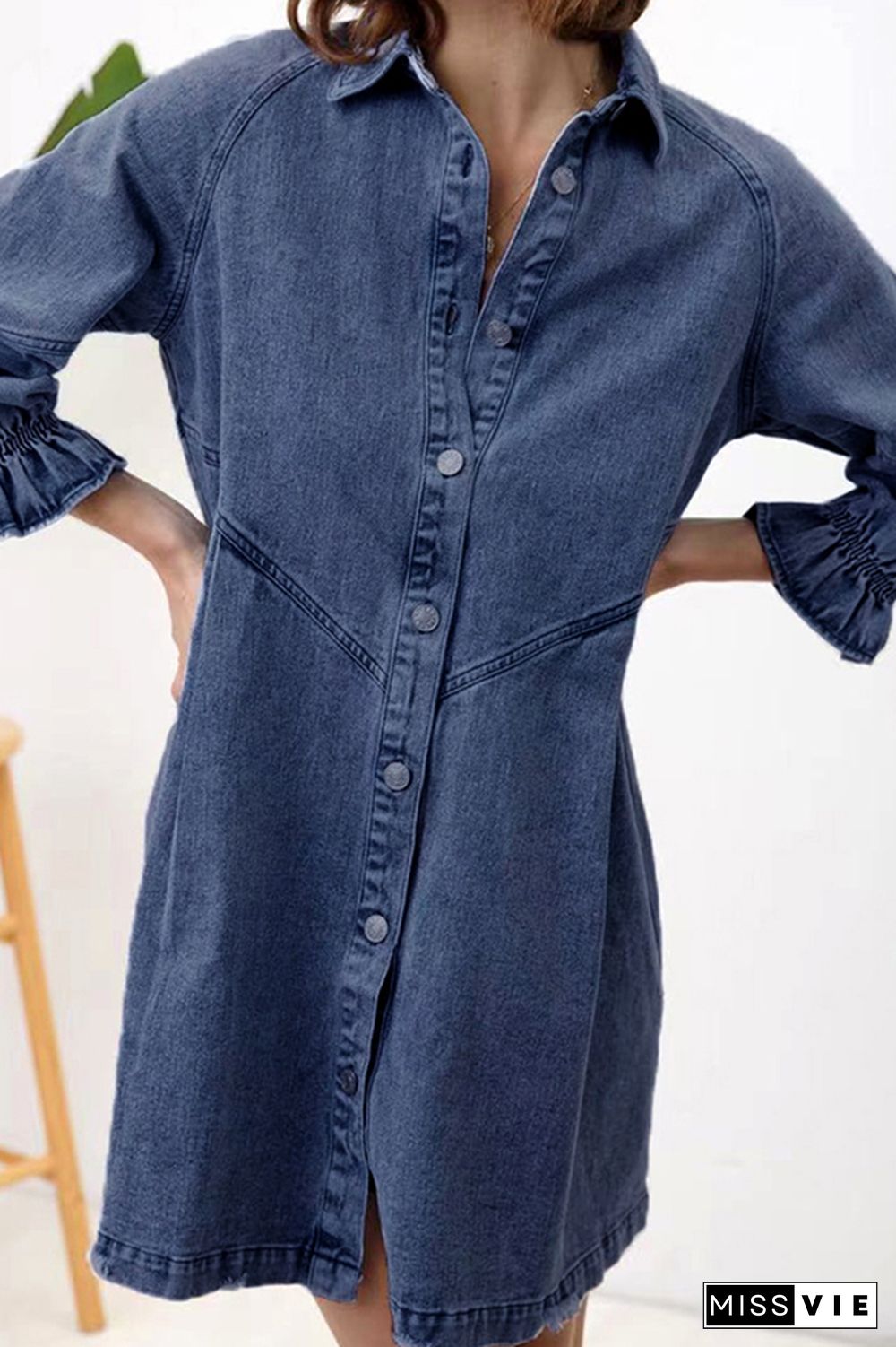 Vintage Washed Puff Sleeve Denim Mini Shirt Dress Wholesale