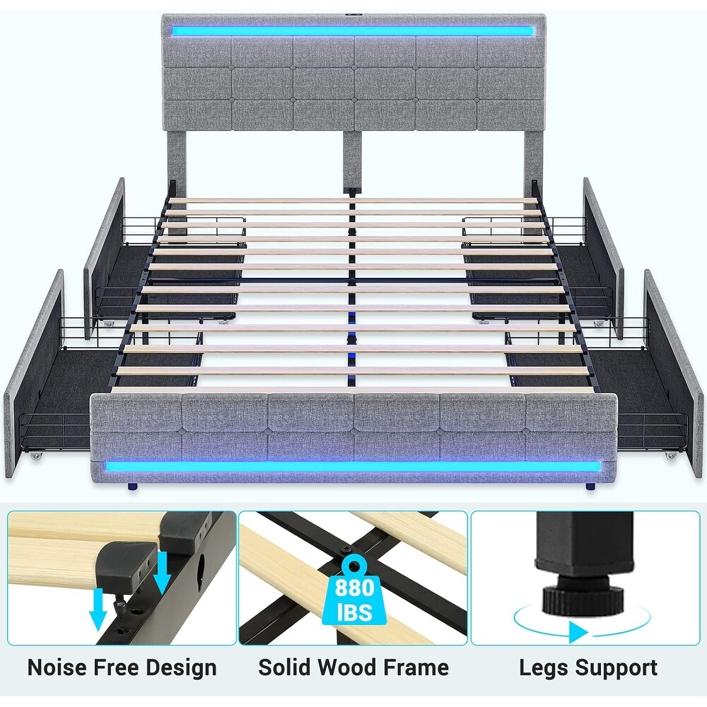 Queen Bed Frame with 2 USB Charging Station   LED Lights