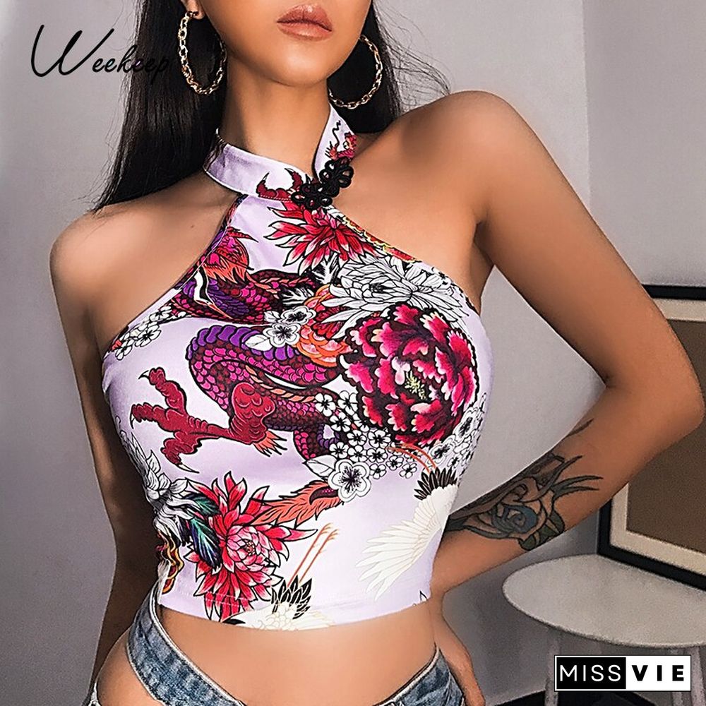 Weekeep Dragon Floral Print Chinese Style Irregular Halter Crop Top Women Strapless Tank Tops Backless Streetwear 90s Sexy Vests