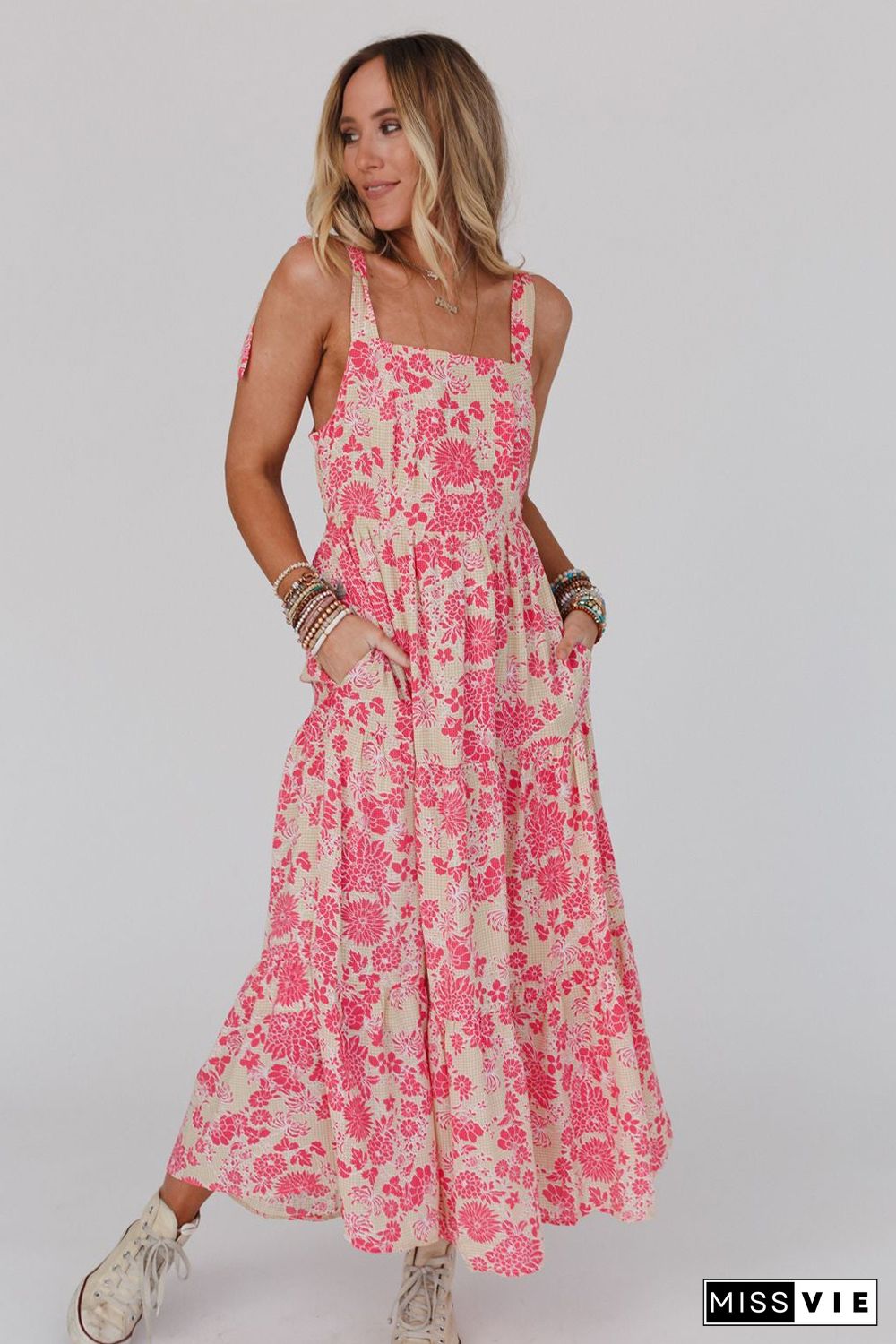 Pink Gingham Floral Tie Shoulder Maxi Dress