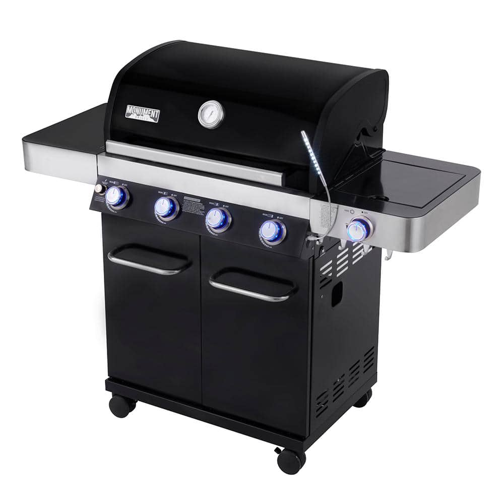 Monument Grills 4-Burner Propane Gas Grill in Black with LED Controls, Side Burner and USB Light 13892