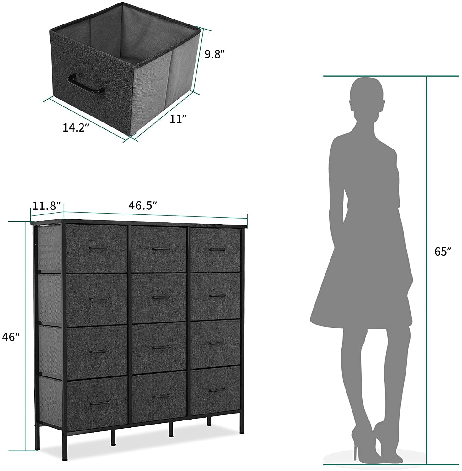 DWVO Fabric Dresser with 12 Drawers - Furniture Storage Tower Unit for Bedroom, Hallway, Closet, Office Organization, End Table Dresser - Steel Frame，Black Grey