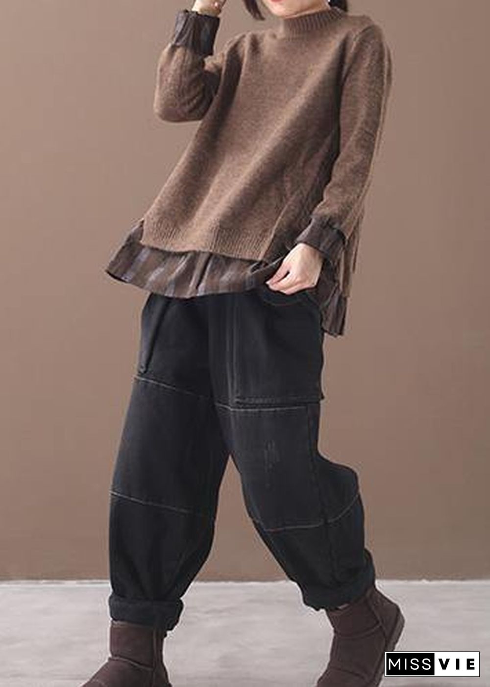 Winter o neck chocolate knitwear trendy plus size false two pieces knitted t shirt