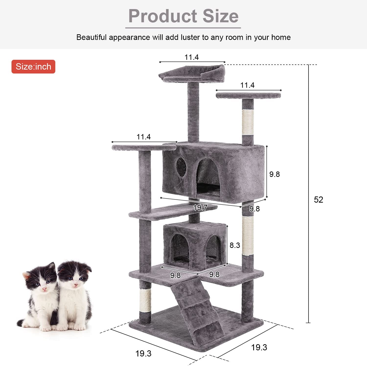 BestPet Cat Tree 52 inch Tall Cat Tower with Cat Scratching Post，Multi-Level Playpen House，Ashy