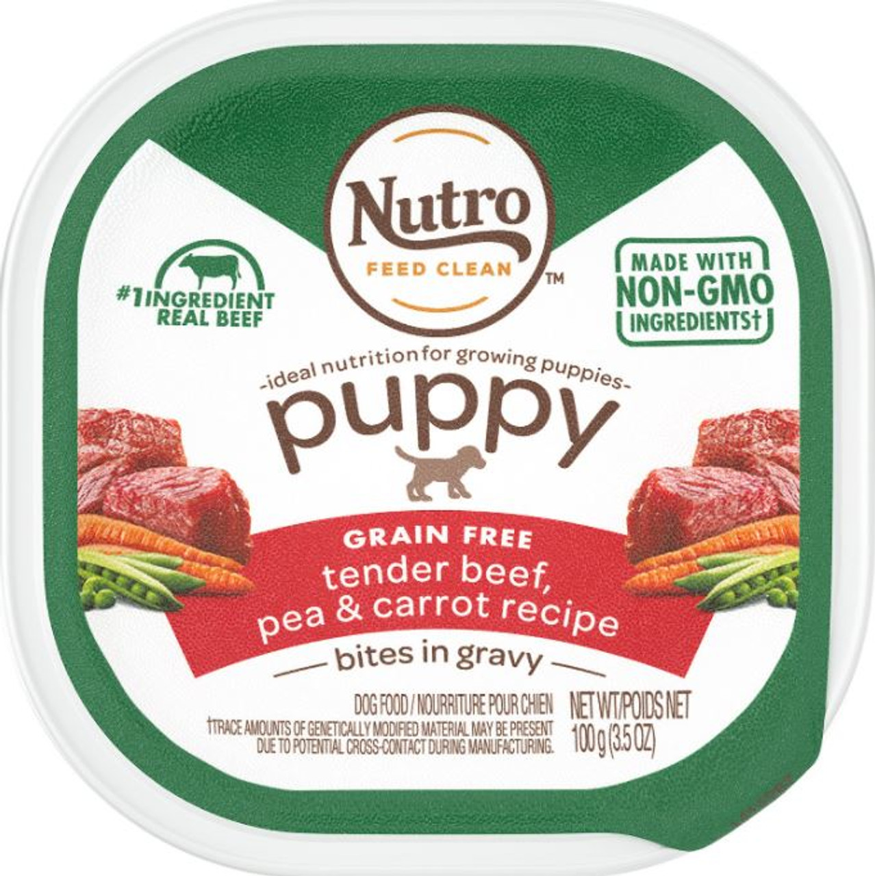 Nutro Puppy Grain-Free Tender Beef， Pea and Carrot Recipe Bites In Gravy Wet Dog Food Tray， 3.5oz.