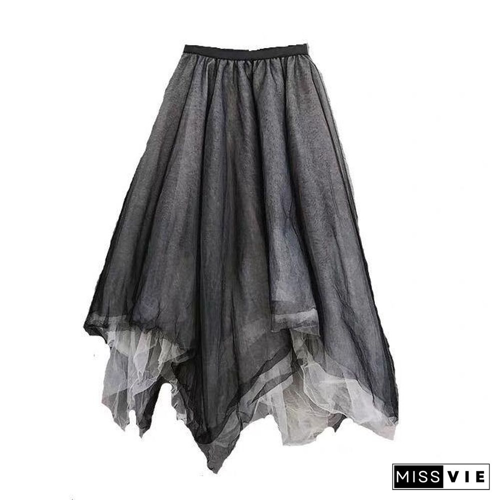 Heavy Industry Color Matching Mesh Irregular Hem Semi Black Skirt