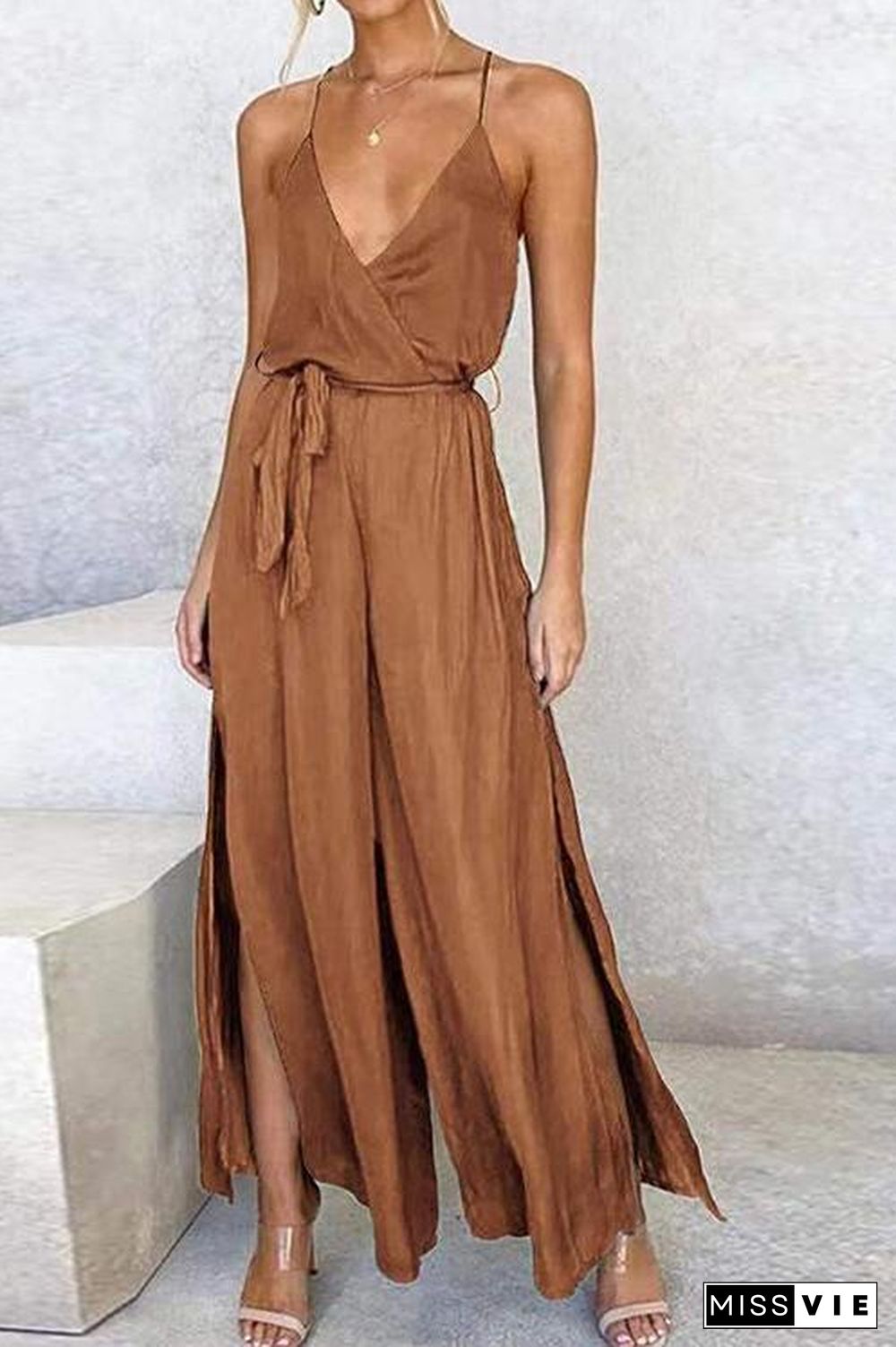 Slit Belted Slip Jumpsuits