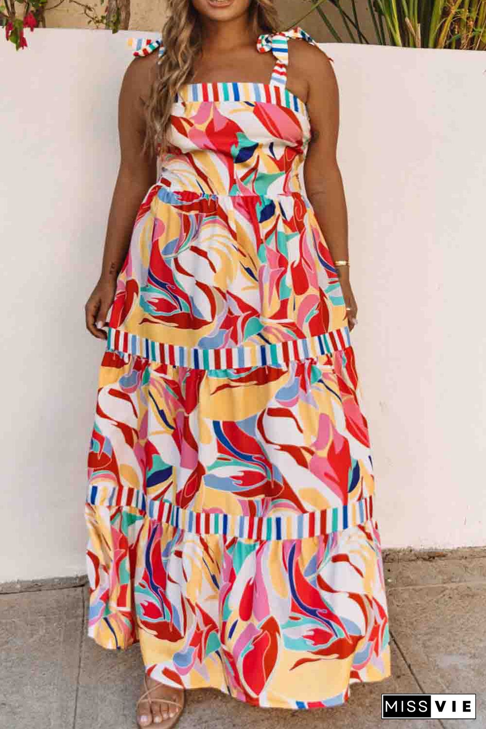 Multicolor Bohemian Abstract Print Tie Straps Maxi Dress