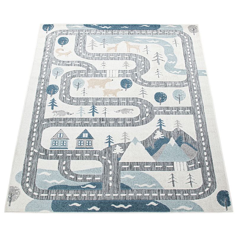 Kids Rug Roads Play-Mat in Snow Landscape in Muted Cream