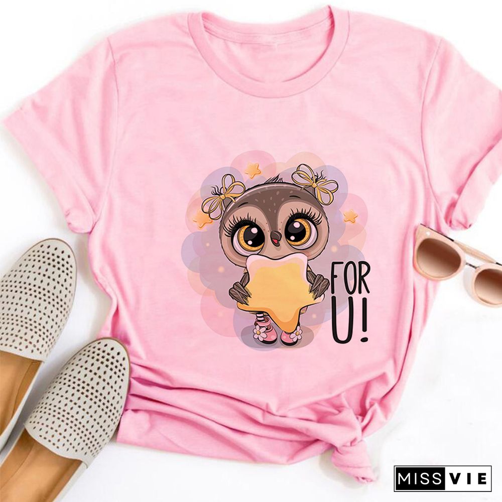 Gothic Women Cute Owl Printed T-Shirt All Seasons Fashion Thin Short Sleeve Tees Harajuku Casual Pink Top Female Clothing Tshirt