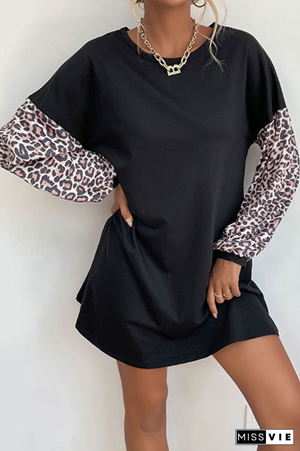 Leopard Print Patchwork Pullover Long Sleeves T-Shirt Dress Wholesale