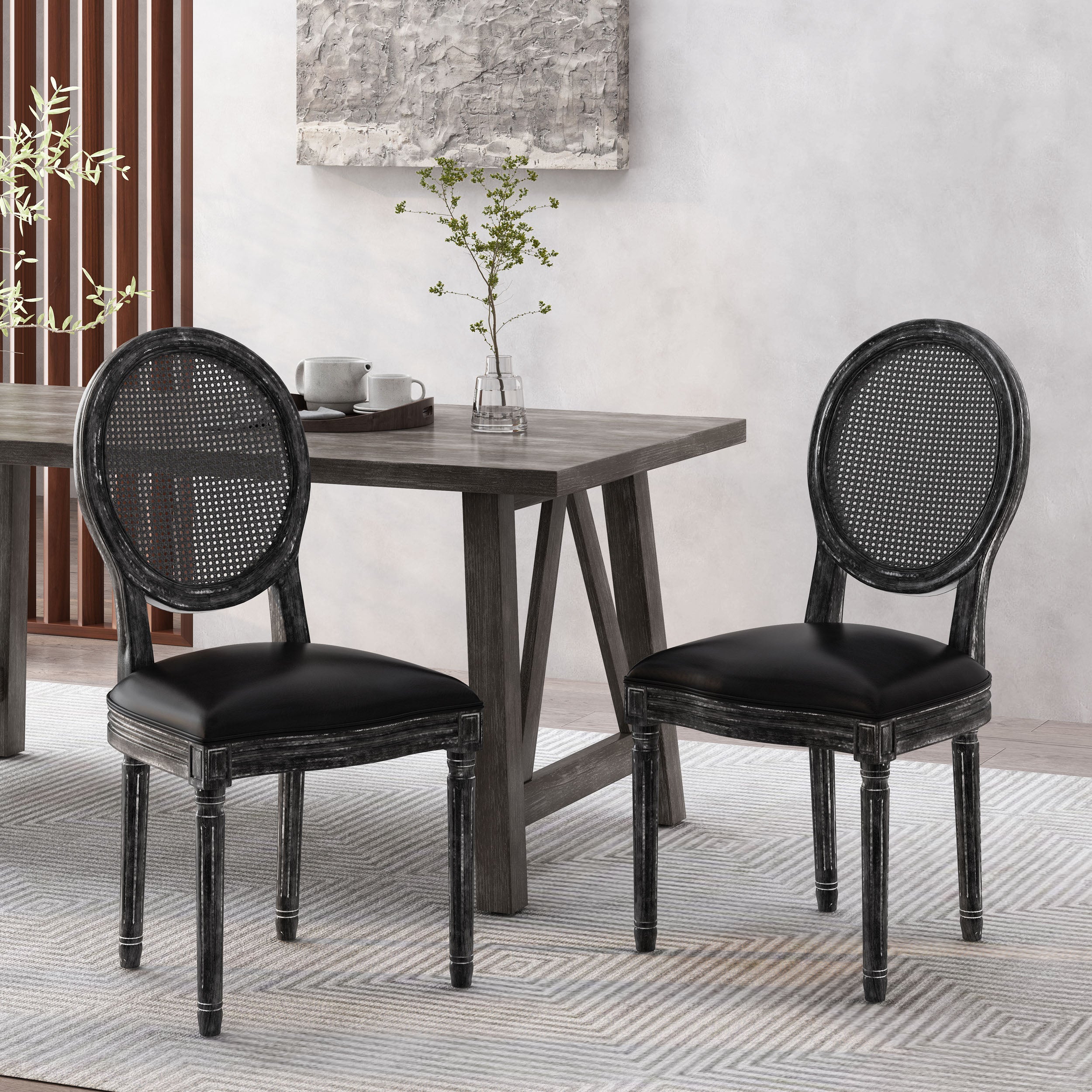 Lintz French Country Wood and Cane Upholstered Dining Chair, Set of 2