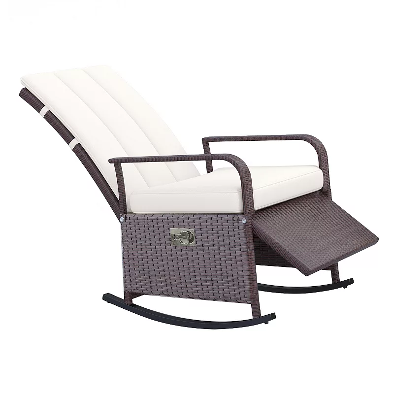 Outsunny Outdoor Rattan Wicker Rocking Chair Patio Recliner with Soft Cushion Adjustable Footrest Max. 135 Degree Backrest Cream