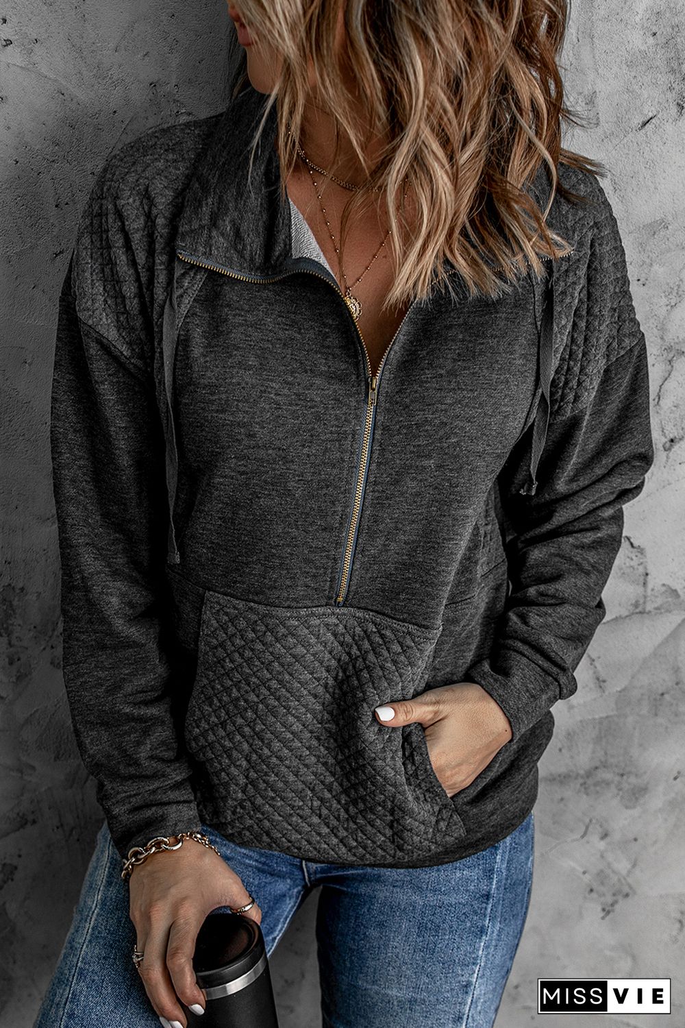 Gray Quilted Patch Half Zipper Sweatshirt