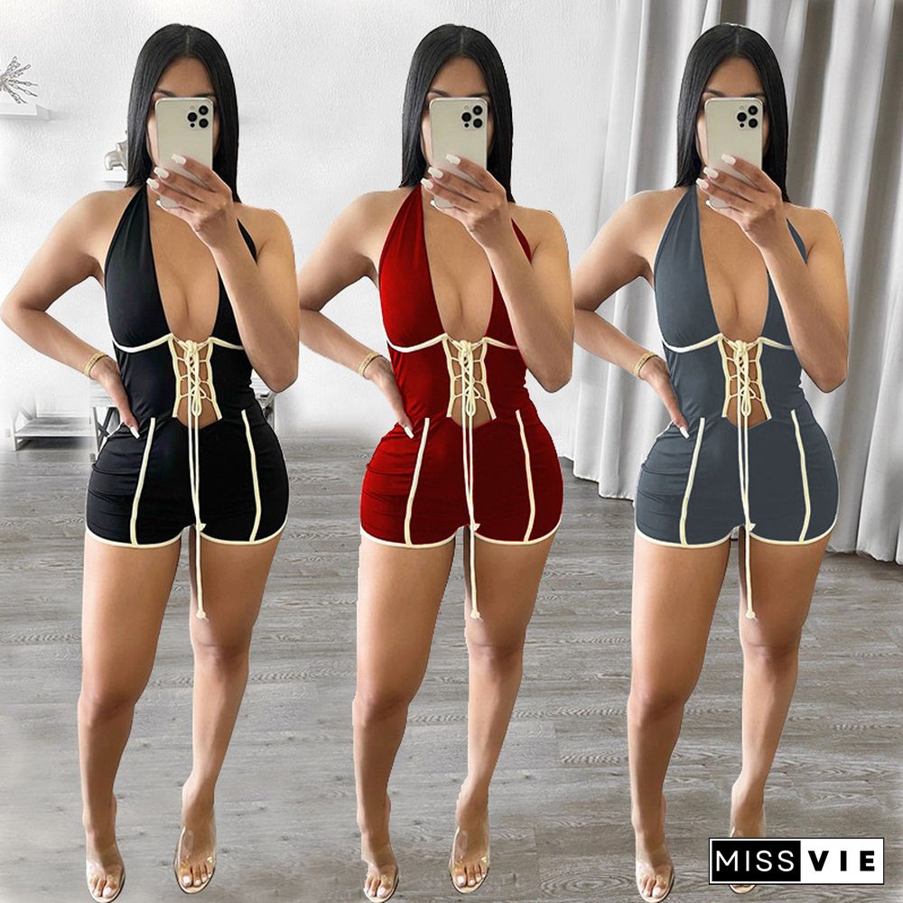 Women Sexy Low-cut Hollow Bandage Sleeveless Skinny Romper