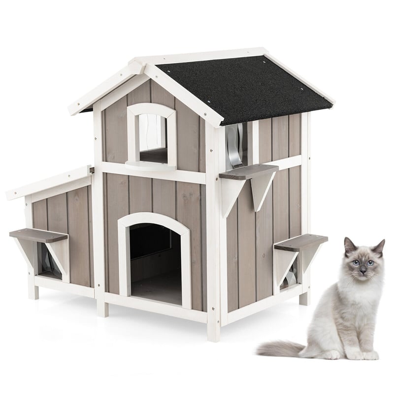 2-Story Outdoor Feral Cat House Weatherproof Wooden Kitty Shelter Pet House Habitat with Escape Door Removable Floor PVC Curtains Flower Box