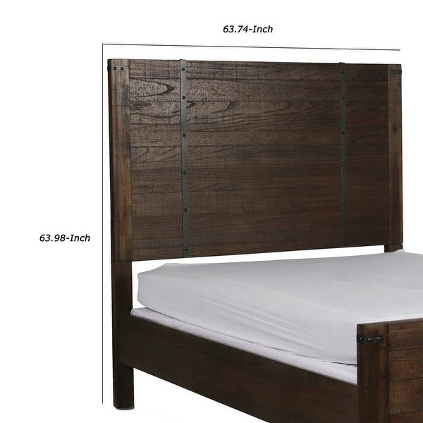 Queen Size Plank Style Headboard with Metal Strips and Rivet Accents， Brown - - 31575553