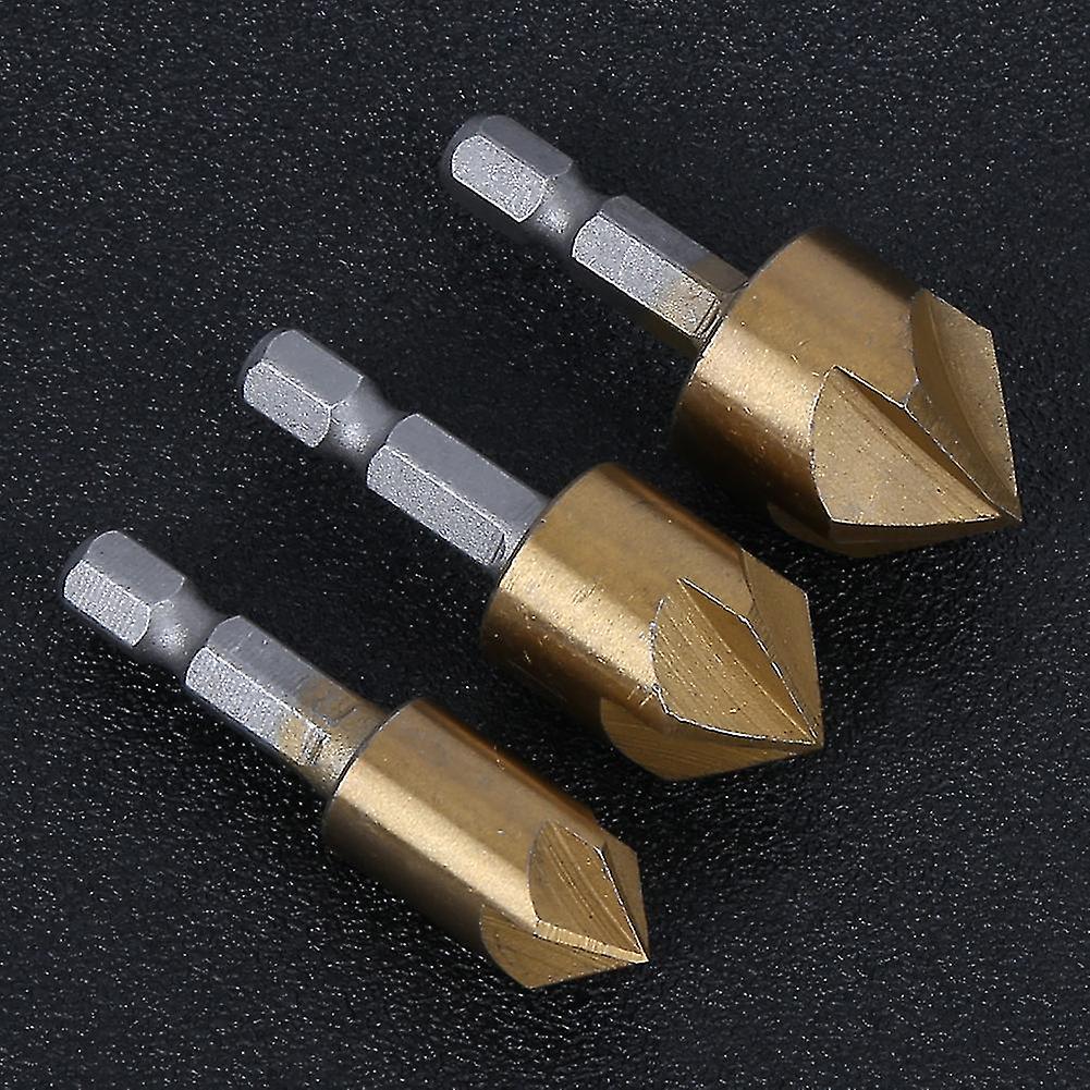 3PCs Chamfer Cutter Woodworking Tool High Speed Steel Gold Hex Rod 5-Flute 90° 12mm-19mm