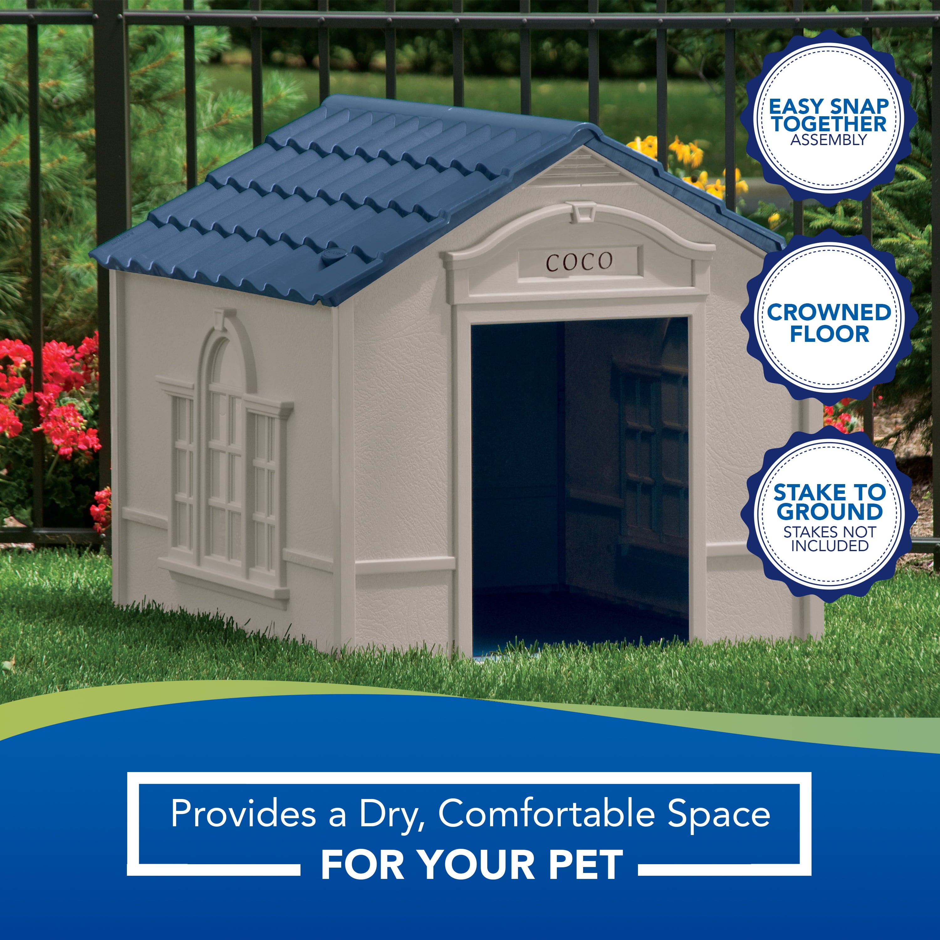 Suncast Deluxe Indoor and Outdoor Dog House for Medium/Large Breeds， Tan/Blue