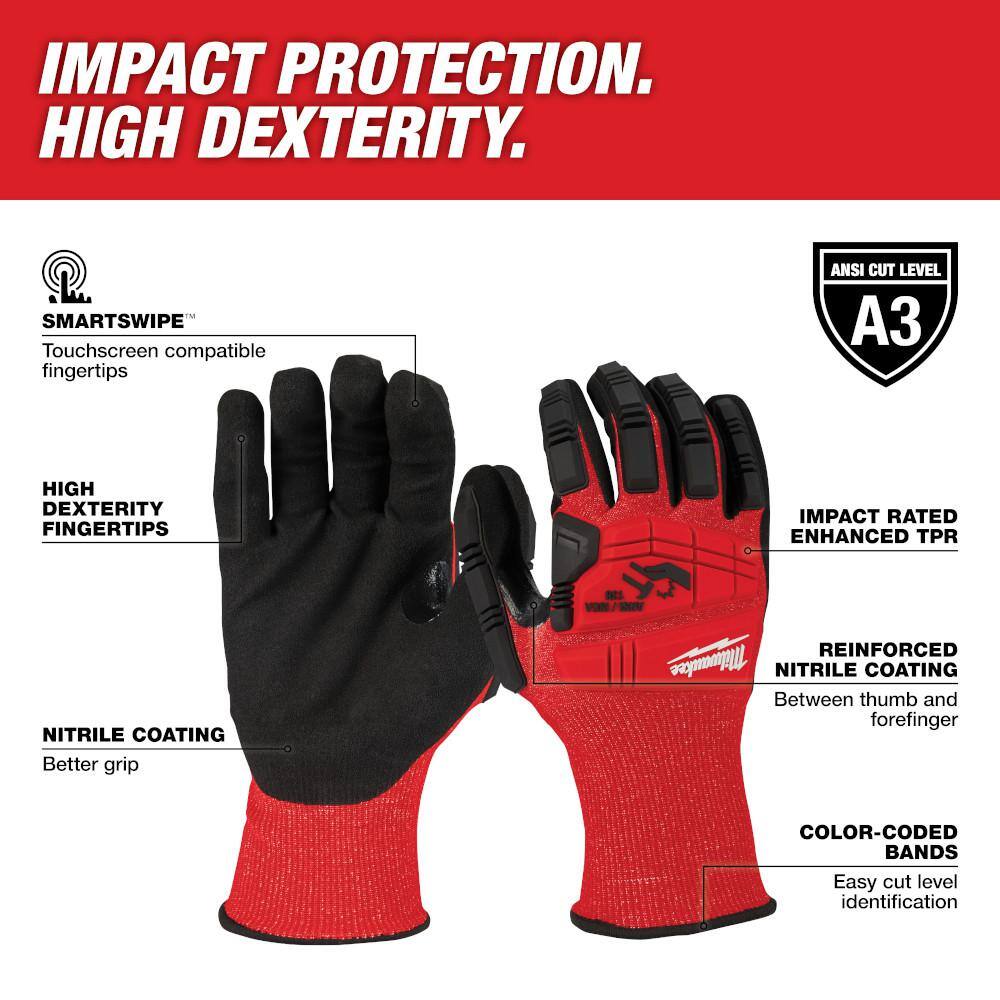 MW Large Red Nitrile Impact Level 3 Cut Resistant Dipped Work Gloves 48-22-8972