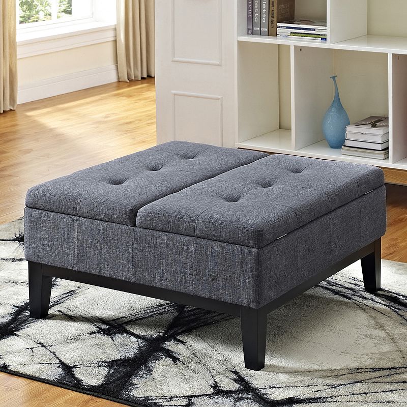 Simpli Home Dover Slate Gray Square Coffee Table Ottoman and Split Lift Up Lid