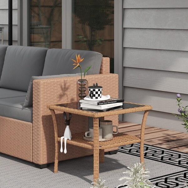 Rattan Side Table，Outdoor End Table with Storage Shelf，Aluminum Frame Square，Coffee Table with Tempered Glass Top