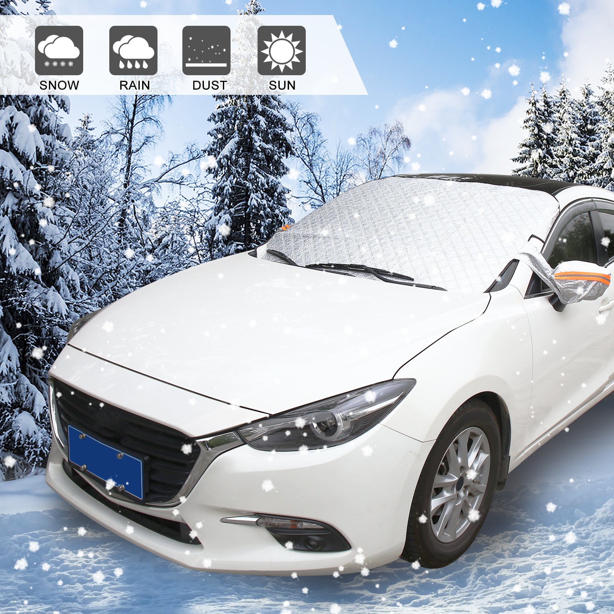 Windshield Ice Snow Cover Universal Waterproof Windproof Silver Tone with 9 Magnets Reflective Strips for Car SUV