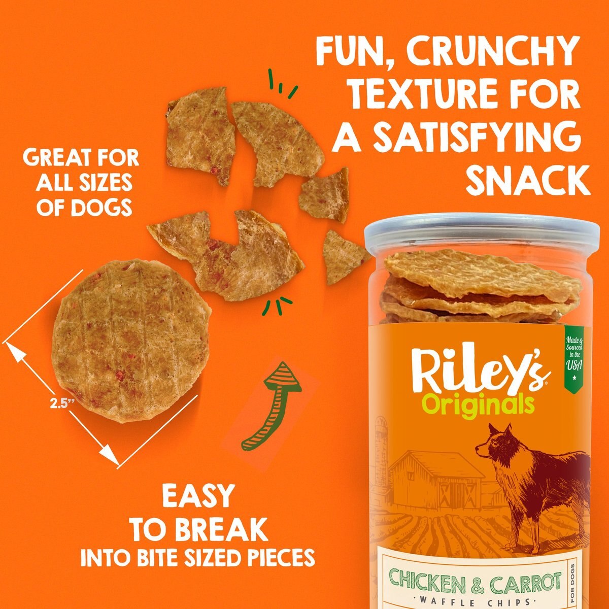 Riley's Originals All Natural Waffles Chicken and Carrot Chips Flavored Jerky Dog Treats， 6-oz bag