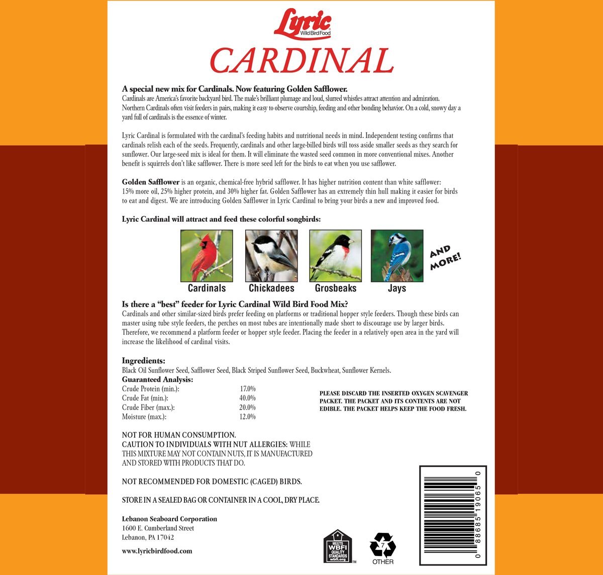 Lyric Cardinal Premium Sunflower and Safflower Mix Wild Bird Food