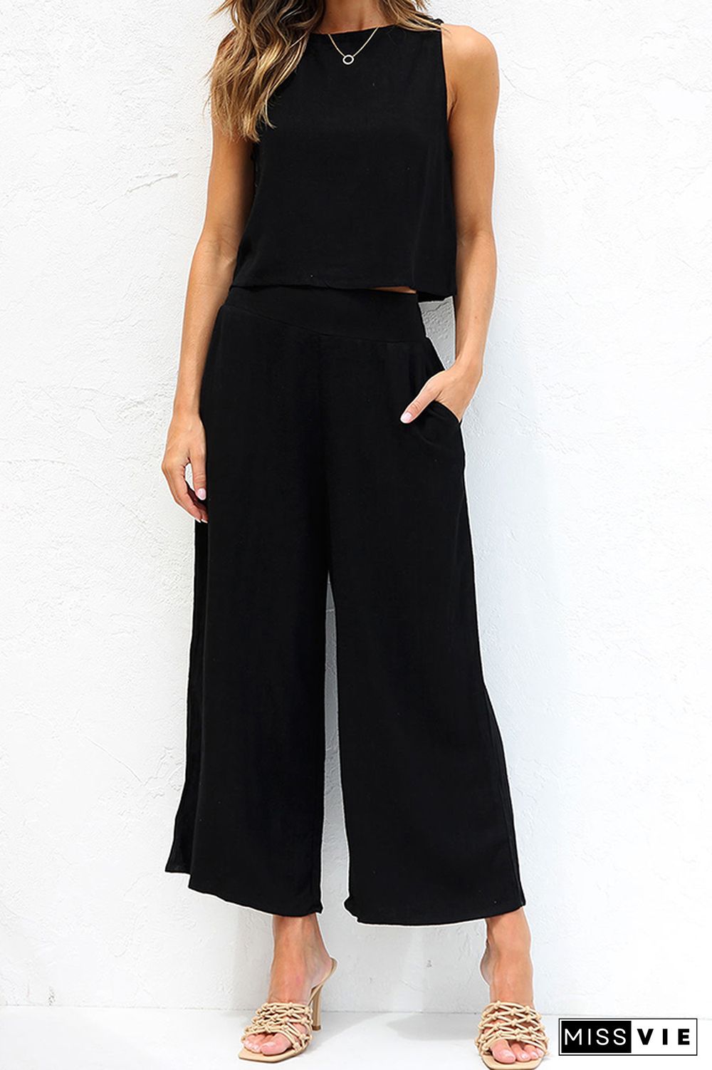 Plain Lien Tank Top With Wide Leg Pants 2pcs Set