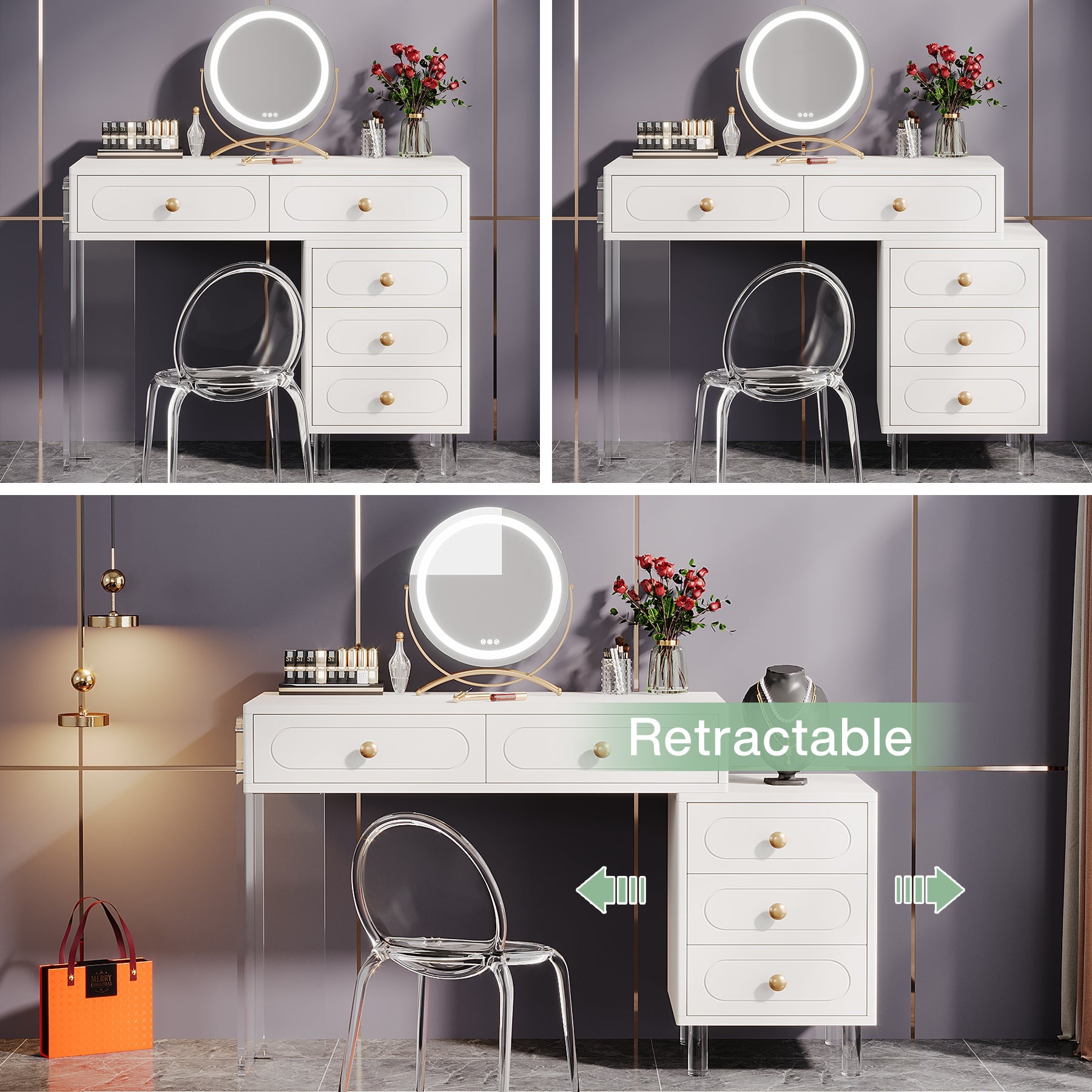 Extendable Makeup Vanity with 5-Drawer and Acrylic Base and Legs(Without Mirror)