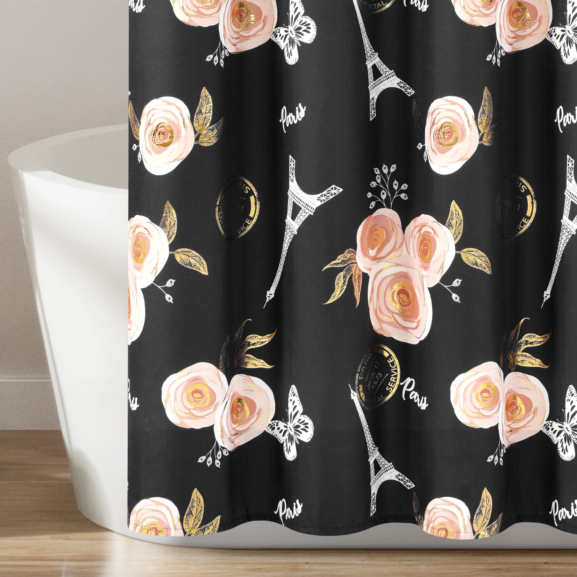 Vintage Paris Rose Butterfly Script Shower Curtain