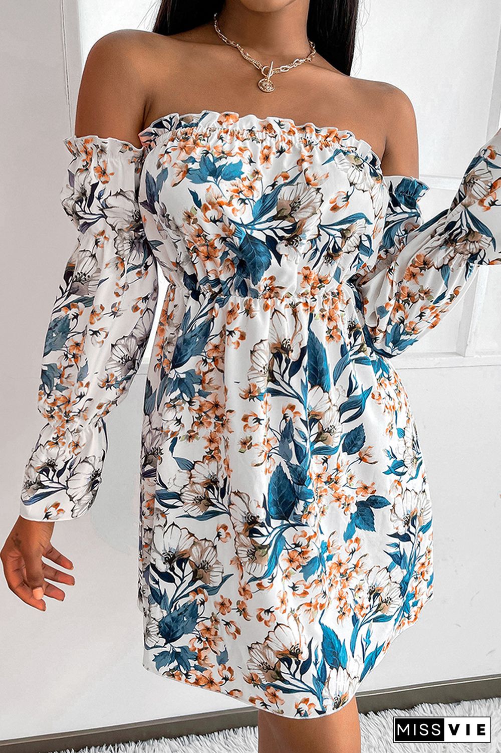 Off Shoulder Floral Print Long Sleeve Mini Dress Wholesale