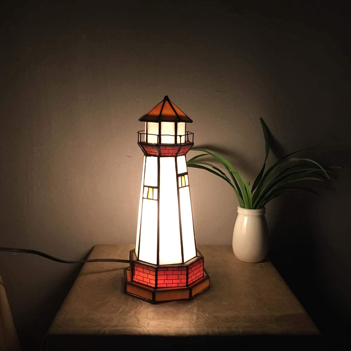 SHADY L10626 Lighthouse Tiffany Style Stained Glass Accent Table Lamp Night Light  6&#34;W x 12&#34;H