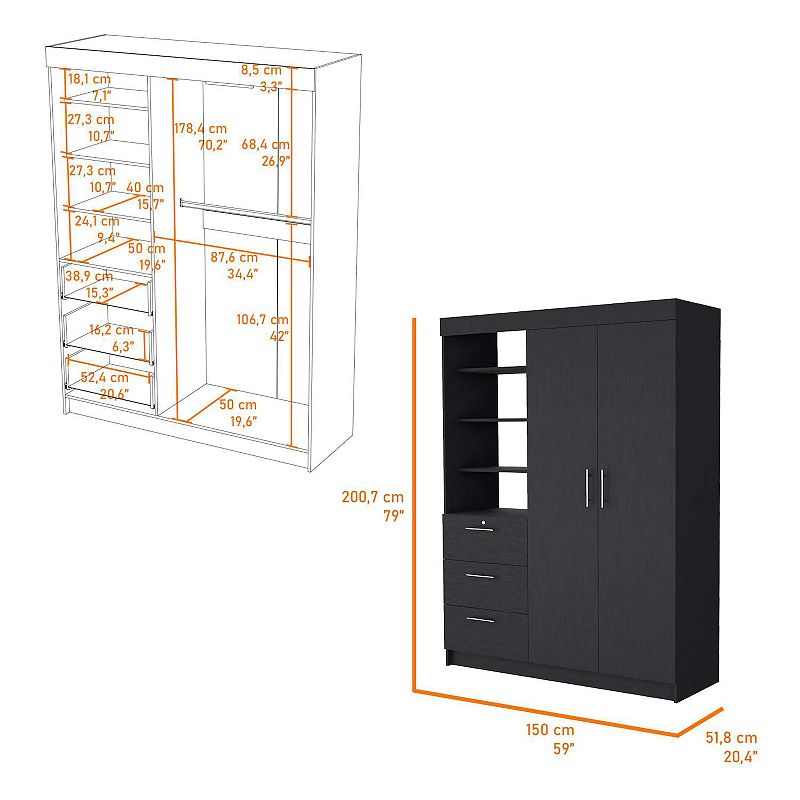 Tempe 3 Drawers Armoire， 3-Tier Shelf， 2-Door