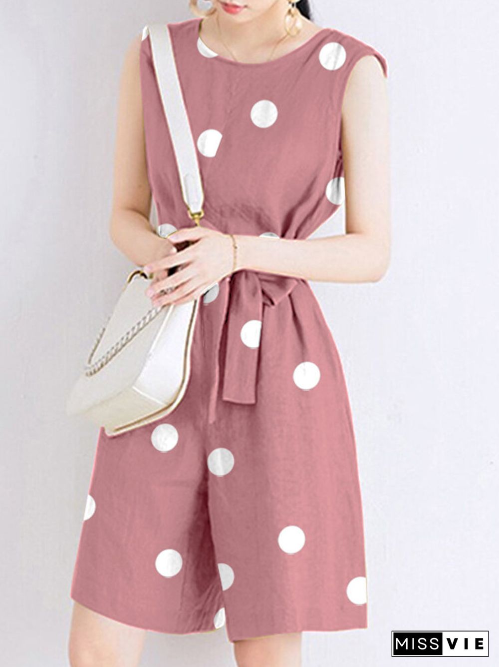 Dot Print Pocket Sleeveless Casual Romper With Belt