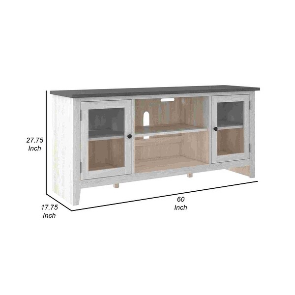 60 Inch TV Entertainment Console， 2 Glass Doors， Farmhouse， White， Gray